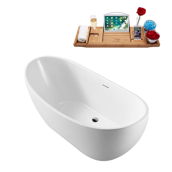 Baignoire en acrylique blanc lustré Streamline de 28 po x 62 po avec drain centré chrome poli et plateau