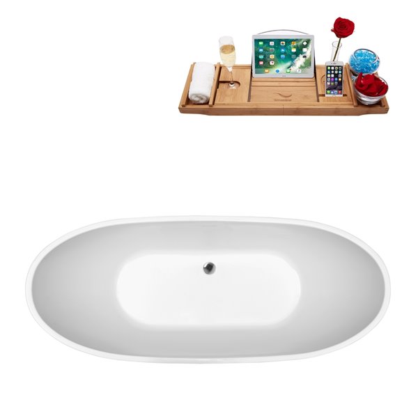 Baignoire en acrylique blanc lustré Streamline de 28 po x 62 po avec drain centré chrome poli et plateau