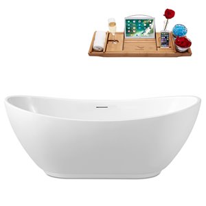 Baignoire en acrylique blanc lustré Streamline de 28 po x 62 po avec drain centré chrome poli et plateau