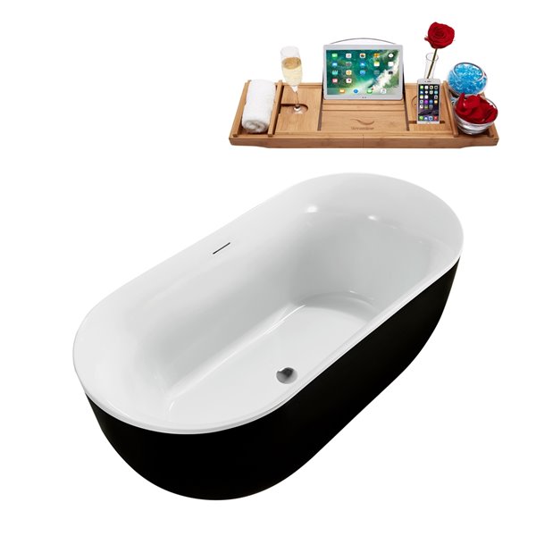 Baignoire en acrylique noir lustré Streamline de 28 po x 59 po avec drain centré chrome poli et plateau