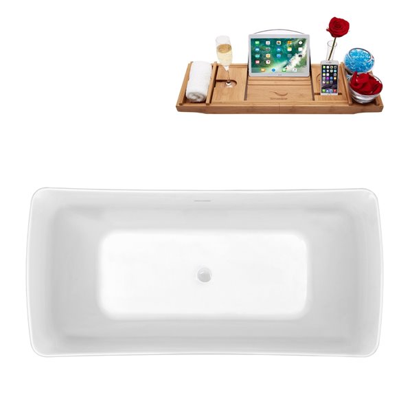 Streamline 30W x 62L Glossy White Acrylic Bathtub and a Glossy White Center Drain with Tray