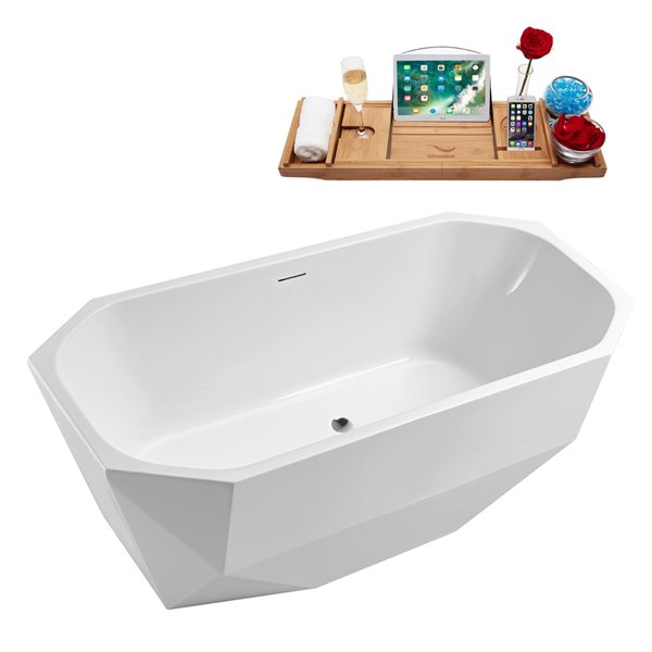 Streamline 29W x 63L Glossy White Acrylic Bathtub and a Polished Chrome Center Drain with Tray