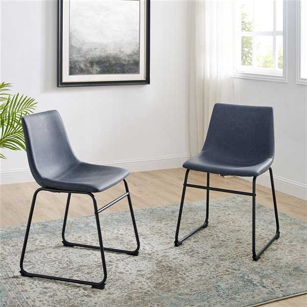 Walker Edison Set of 2 Contemporary Faux Leather Upholstered Side Chair (Metal Frame) - Navy Blue