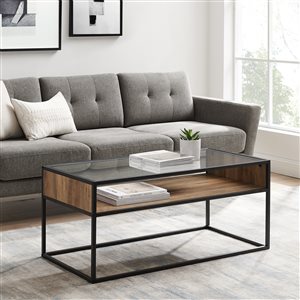 Walker Edison Reclaimed Barnwood Composite Coffee Table with Glass Top