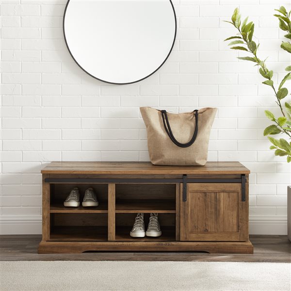 Walker Edison 48-in Sliding Grooved Door Entry Bench with Storage - Reclaimed Barnwood