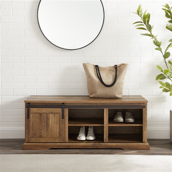 Walker Edison 48-in Sliding Grooved Door Entry Bench with Storage - Reclaimed Barnwood