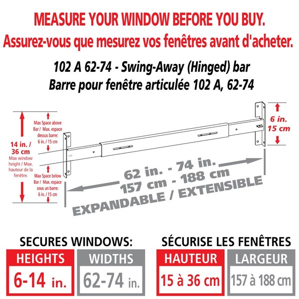 Mr. Goodbar Series A 62-in x 6-in Adjustable White Swing-Away Window Security Bar