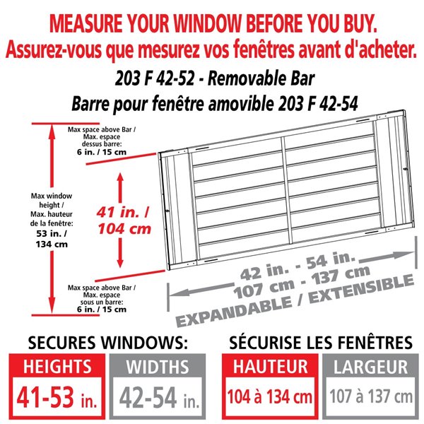 Barre de sécurité blanche pour fenêtre Série F de 42 po x 41 po ajustable et amovible par Mr. Goodbar