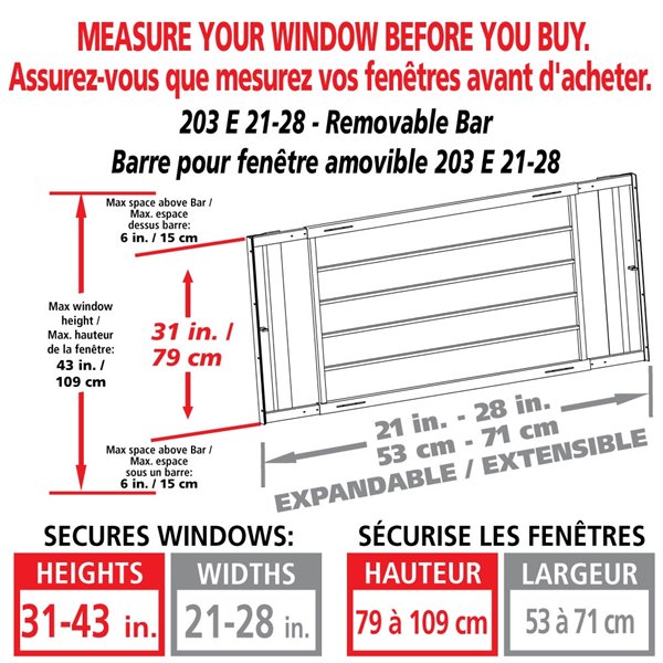 Barre de sécurité blanche pour fenêtre Série E de 21 po x 31 po ajustable et amovible par Mr. Goodbar