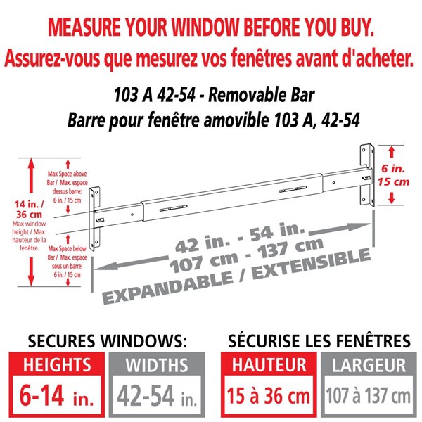 Barre de sécurité blanche pour fenêtre Série A de 42 po x 6 po ajustable et amovible par Mr. Goodbar