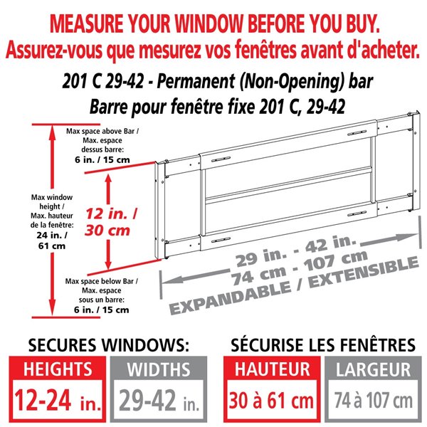 Barre de sécurité blanche pour fenêtre Série C de 29 po x 12 po ajustable et fixe par Mr. Goodbar