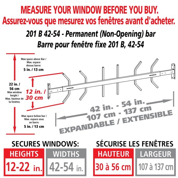 Barre de sécurité blanche pour fenêtre Série B de 42 po x 12 po ajustable et fixe par Mr. Goodbar