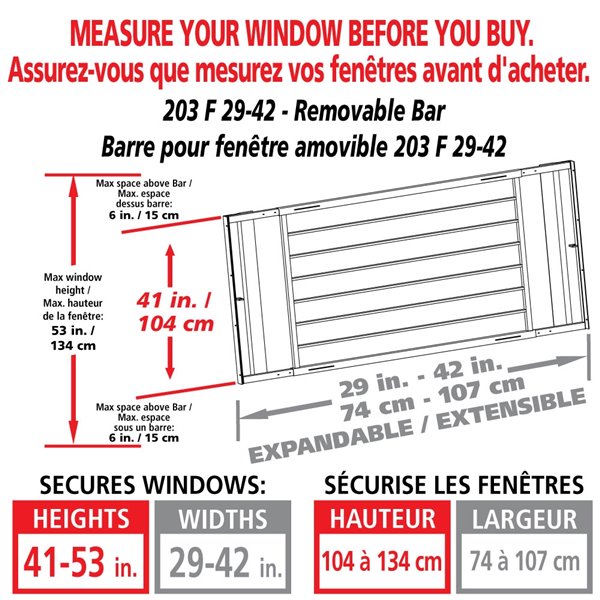 Barre de sécurité blanche pour fenêtre Série F de 29 po x 41 po ajustable et amovible par Mr. Goodbar
