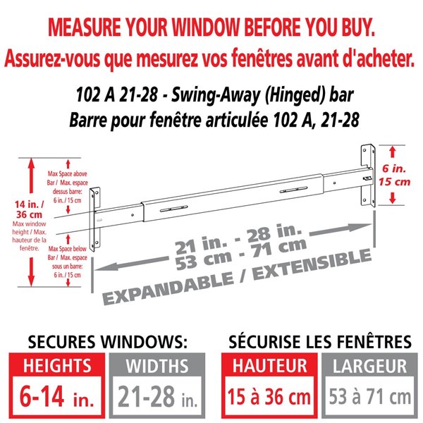 Barre de sécurité blanche pour fenêtre Série A de 21 po x 6 po ajustable et pivotante par Mr. Goodbar