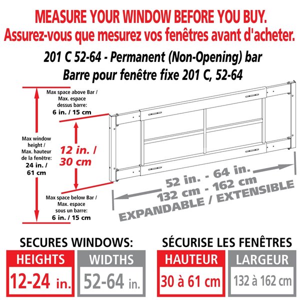 Barre de sécurité blanche pour fenêtre Série C de 52 po x 12 po ajustable et fixe par Mr. Goodbar