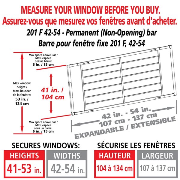 Barre de sécurité blanche pour fenêtre Série F de 42 po x 41 po ajustable et fixe par Mr. Goodbar