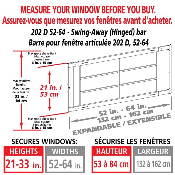 Barre de sécurité blanche pour fenêtre Série D de 52 po x 21 po ajustable et pivotante par Mr. Goodbar