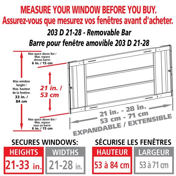 Barre de sécurité blanche pour fenêtre Série D de 21 po x 21 po ajustable et amovible par Mr. Goodbar