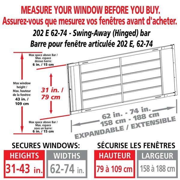Barre de sécurité blanche pour fenêtre Série E de 62 po x 31 po ajustable et pivotante par Mr. Goodbar
