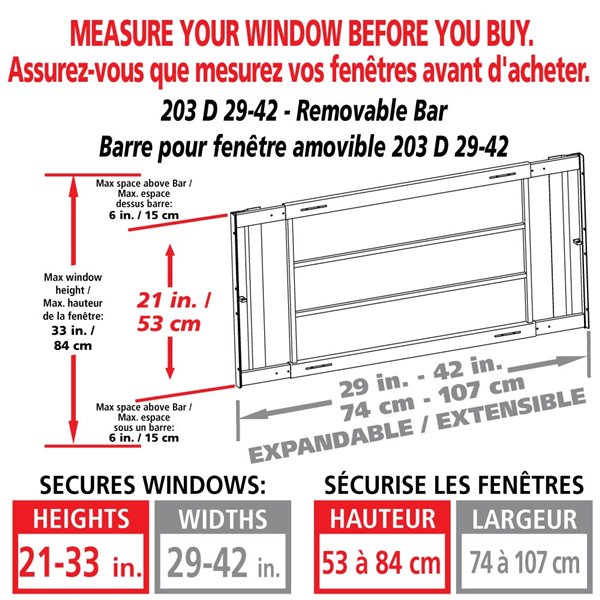 Barre de sécurité blanche pour fenêtre Série D de 29 po x 21 po ajustable et amovible par Mr. Goodbar