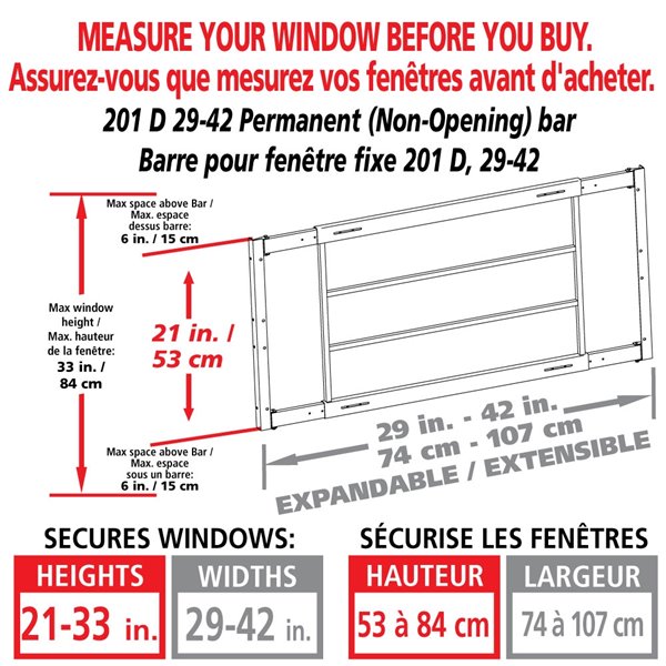 Barre de sécurité blanche pour fenêtre Série D de 29 po x 21 po ajustable et fixe par Mr. Goodbar