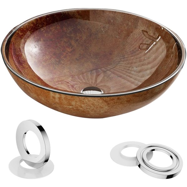 F&R Tempered Glass Vessel Round Bathroom Sink in Brown (16.5in x 16.5