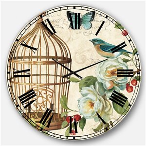 DesignArt 36-in x 36-in Cottage Bird Apple Blossoms I Traditional Round Wall Clock - Blue