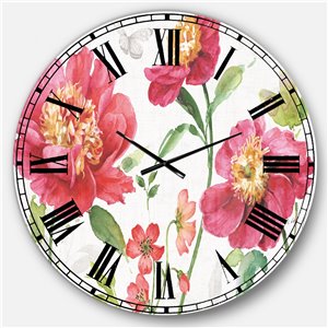 Designart 36-in x 36-in Red Springflowers and Handpainted Butterfly Traditional Round Wall Clock