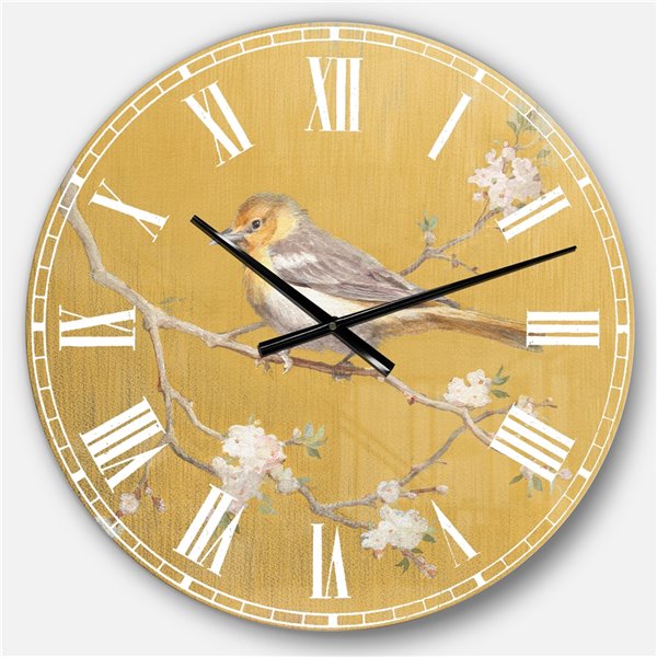 Designart 23-in x 23-in Gold Bird on Blossoms I Traditional Round Wall ...