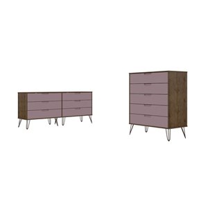 Manhattan Comfort Rockefeller Natural and Pink 11-Drawer Dressers - Set of 2