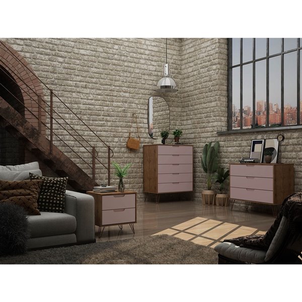 Manhattan Comfort Rockefeller Natural and Pink 10-Drawer Dressers - Set of 3