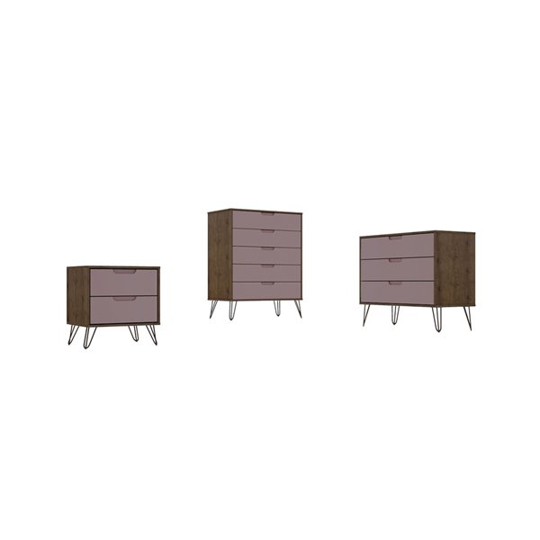 Manhattan Comfort Rockefeller Natural and Pink 10-Drawer Dressers - Set of 3