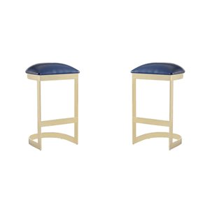 Manhattan Comfort Aura 2-Pack Blue and Polished Brass Bar Height (27-in to 35-in) Upholstered Bar Stool