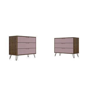 Manhattan Comfort Rockefeller Natural and Pink 6-Drawer Dressers - Set of 2