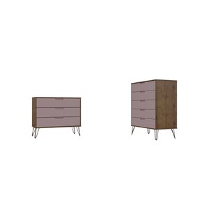 Manhattan Comfort Rockefeller Natural and Pink 8-Drawer Dressers - Set of 2
