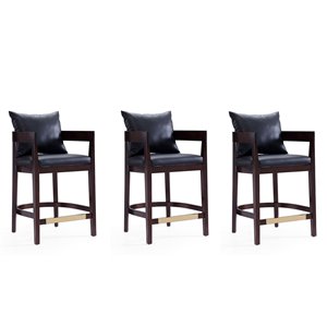 Manhattan Comfort Ritz 3-Pack Black and Dark Walnut Counter Height (22-in to 26-in) Upholstered Bar Stool