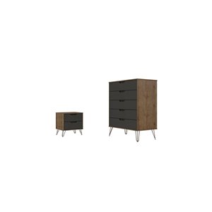 Manhattan Comfort Rockefeller Natural and Textured Grey 7-Drawer Dressers - Set of 2