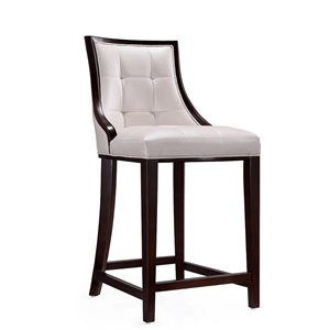 Manhattan Comfort Fifth Pearl White and Walnut Counter Height (22-in to 26-in) Upholstered Bar Stool