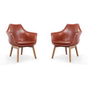 Manhattan Comfort Set of 2 Cronkite Midcentury Brown And Walnut Faux Leather Accent Chair