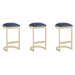 Manhattan Comfort Aura 3-Pack Blue and Polished Brass Bar Height (27-in to 35-in) Upholstered Bar Stool
