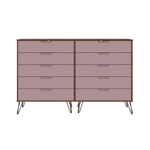 Manhattan Comfort Rockefeller Natural and Pink 10-Drawer Double Dresser