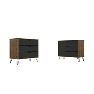 Manhattan Comfort Rockefeller Natural and Textured Grey 6-Drawer Dressers - Set of 2