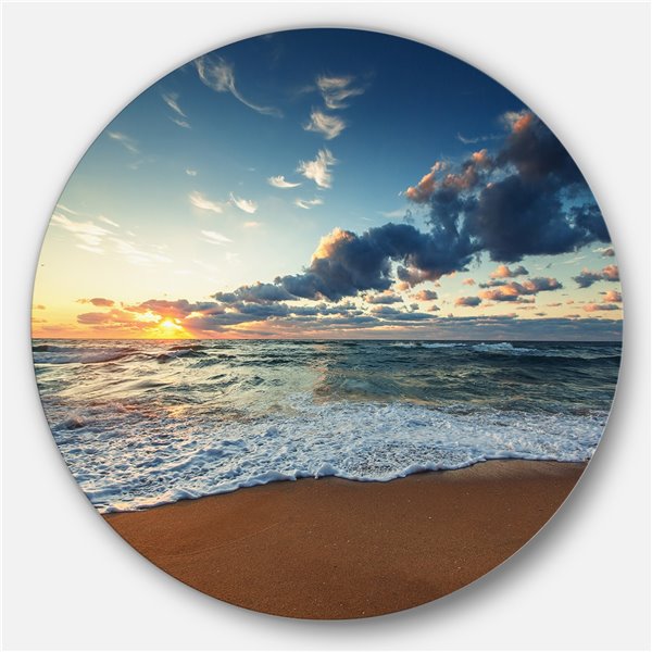 Designart 23-in x 23-in Round Sunrise and Glowing Waves in Ocean' Seascape  Metal Circle Wall Art