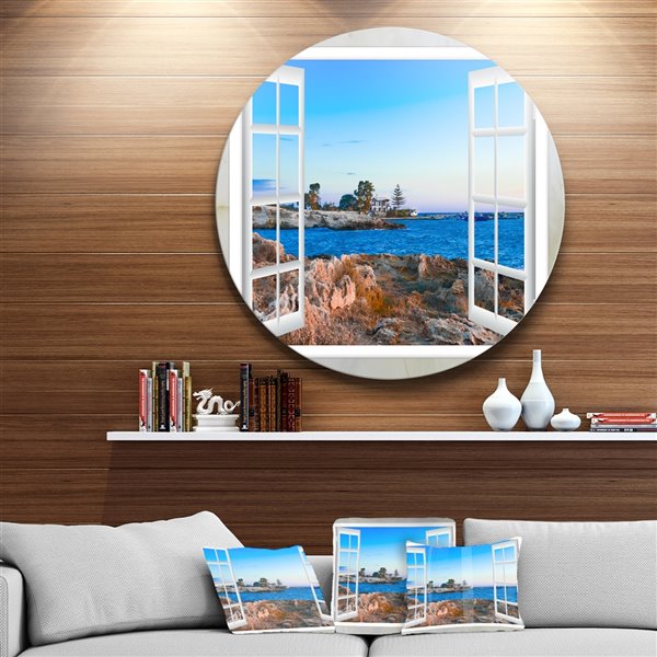Designart 29-in x 29-in Round Open Window to Blue Seashore' Oversized Landscape Wall Art Print