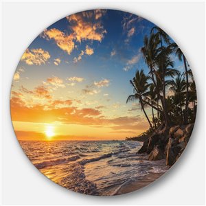 Designart 29-in x 29-in Round Paradise Tropical Island Beach with Palms' Seascape Metal Wall