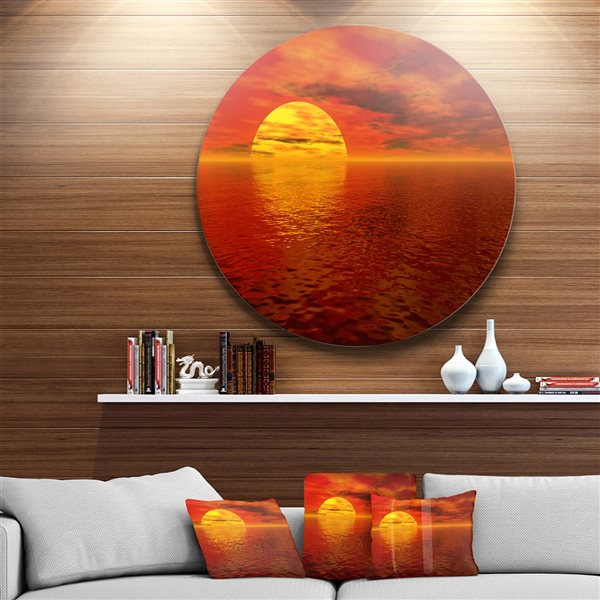 Designart 23-in x 23-in Round Sun Falling to Yellow Ocean' Large Seashore Metal Circle Wall Art