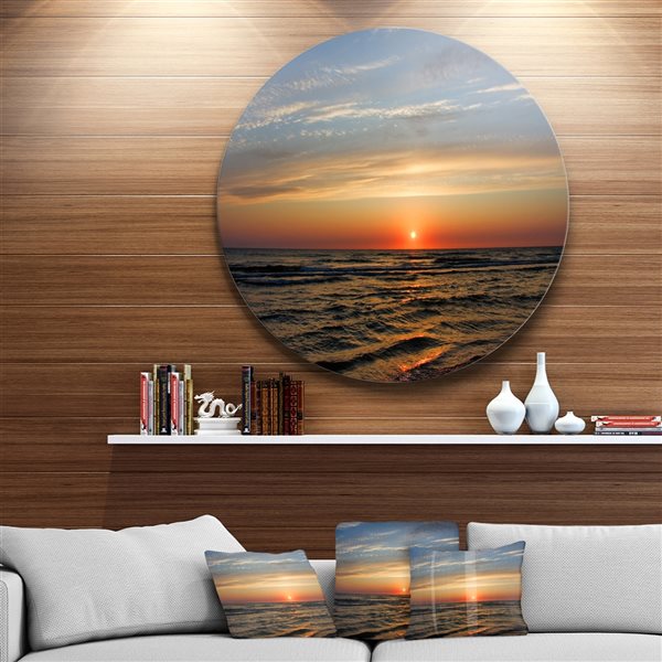 Designart 36-in x 36-in Round Red Sunset with Dark Ocean Waves' Seascape Metal Circle Wall Art