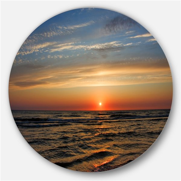 Designart 23-in x 23-in Round Red Sunset with Dark Ocean Waves' Seascape  Metal Circle Wall Art