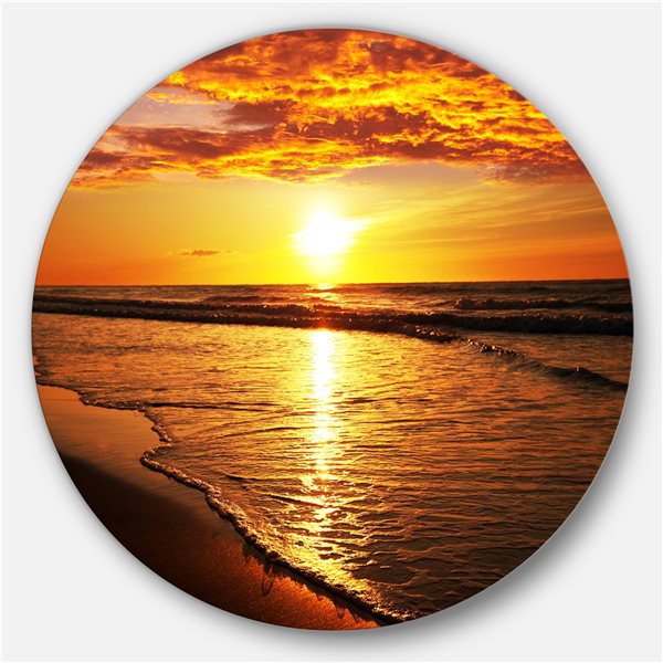 Designart 36-in x 36-in Round Bright Yellow Sunset over Waves' Beach ...