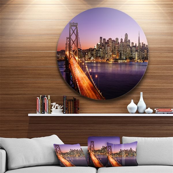 Designart 11-in x 11-in Round San Francisco skyline and Bay Bridge' Ultra Glossy Metal Circle Art